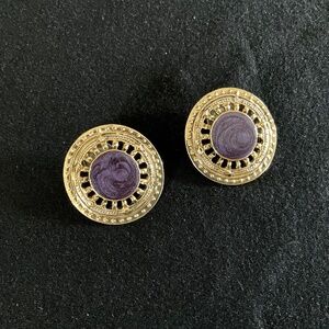 Gold-Tone Round Post Earrings with Navy/Purple Marbled Enamel Center